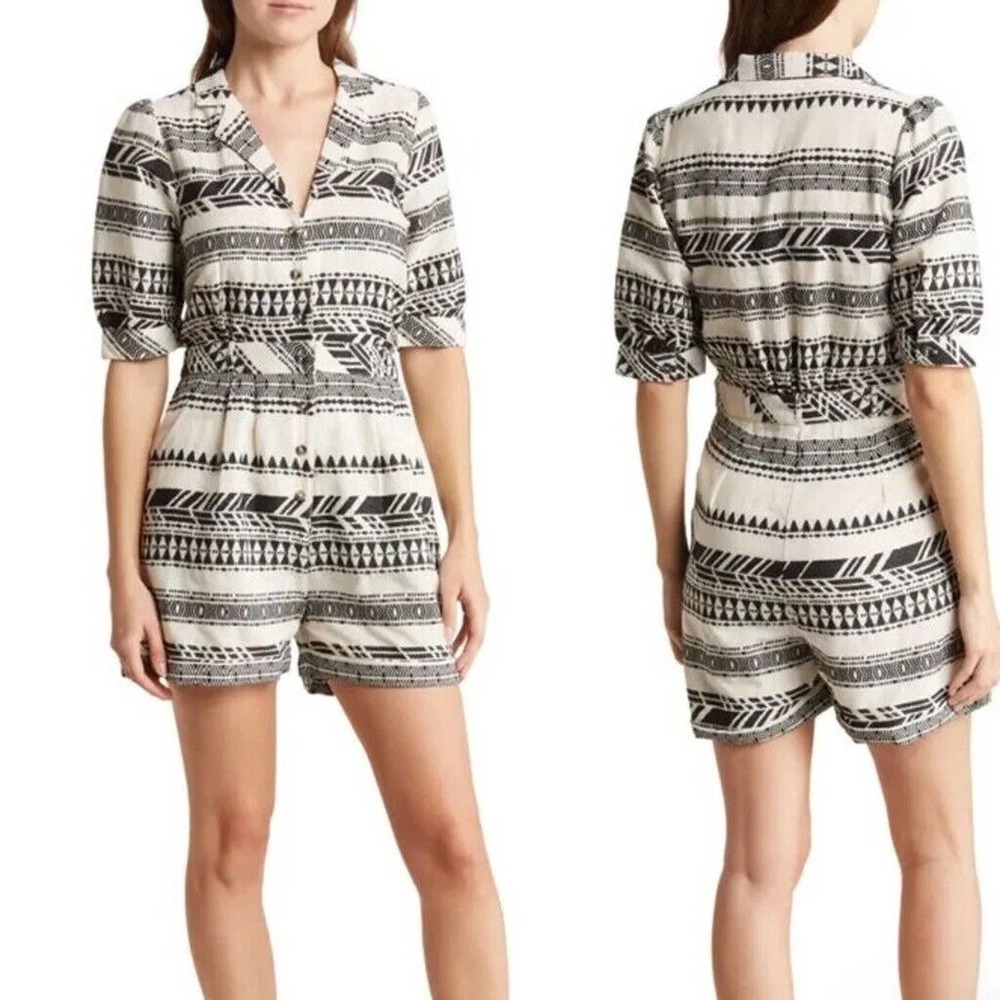 DRA Los Angeles Romper Women’s Size XS Cotton Jacquard Black Ivory Pockets…